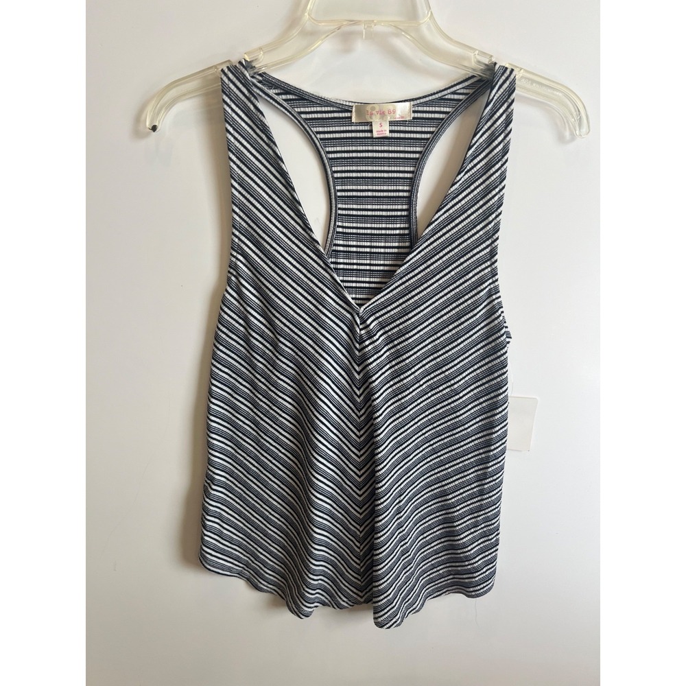 La Vie 89 Women's Small Black White Striped Racerback Tank Top V Neck Sleeveless